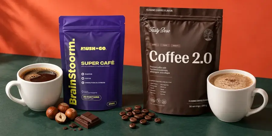 Sáček Brainstoorm a sáček Coffee 2.0 za šálkem černé kávy a šálkem krémového nápoje, s lískovými oříšky, čokoládou a kávovými zrny