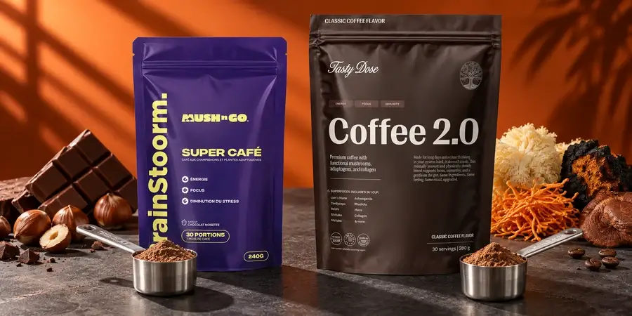 Sáček Brainstoorm a sáček Coffee 2.0 se dvěma odměrkami prášku, čokoládou, lískovými oříšky a plodnicemi hub na oranžovém pozadí
