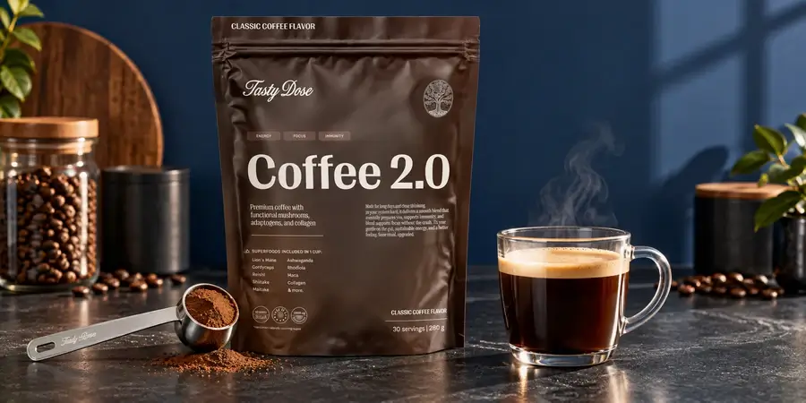 Sáček Coffee 2.0, odměrka s práškem, sklenice kávových zrn a sklenička kávy před tmavě modrou stěnou