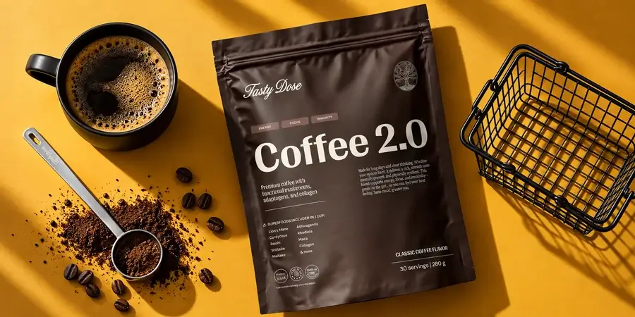 Sáček Coffee 2.0, hrnek kávy, odměrka s práškem a drátěný nákupní košík na žlutém pozadí