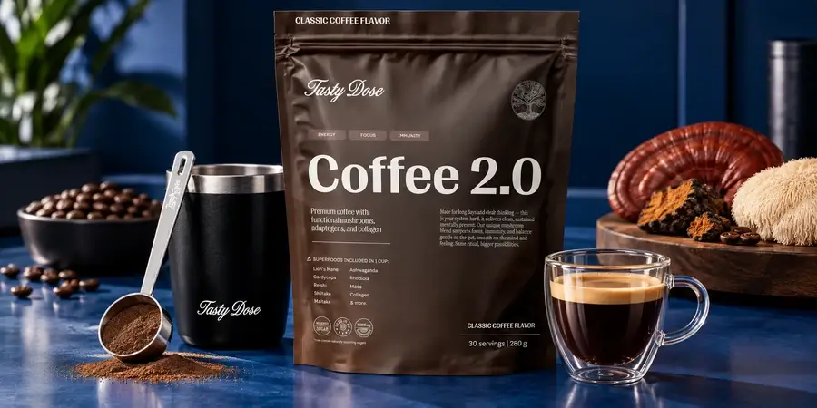 Sáček Coffee 2.0, hrnek Tasty Dose, odměrka s práškem a sklenička espressa vedle plodnic hub na tmavě modrém pozadí