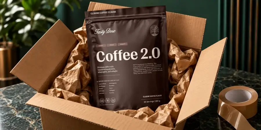 Sáček Coffee 2.0 v otevřené kartonové krabici s balicím papírem na zeleném pozadí