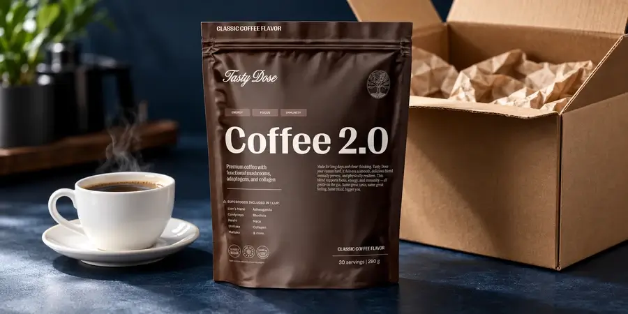 Sáček Coffee 2.0 vedle otevřené kartonové krabice a šálku kávy na tmavě modrém pozadí