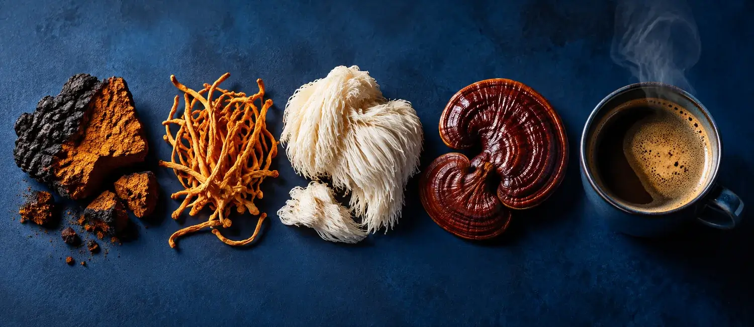 Sušená chaga, cordyceps, korálovec ježatý a lesklokorka vedle šálku kávy na tmavě modrém pozadí