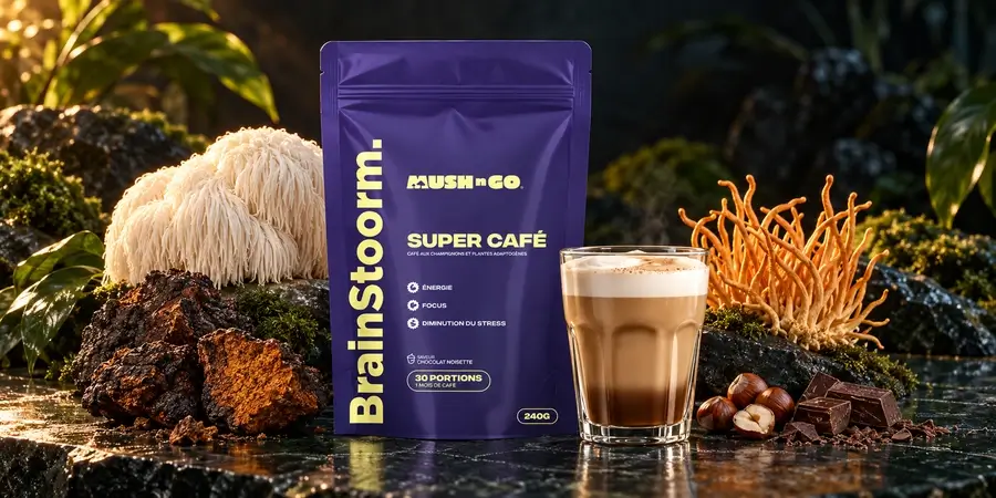 Sáček Brainstoorm se sklenicí latte, bílým korálovcem ježatým, chagou a oranžovým cordycepsem