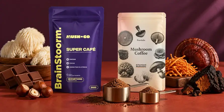 Sáček Brainstoorm a sáček Provitalis Mushroom Coffee se dvěma odměrkami prášku, plodnicemi hub, čokoládou a lískovými oříšky na cihlovém pozadí
