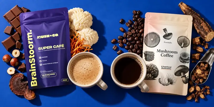 Sáček Brainstoorm a sáček Provitalis Mushroom Coffee vedle šálku kávy s mlékem, šálku černé kávy, kávových zrn a plodnic hub na modrém pozadí