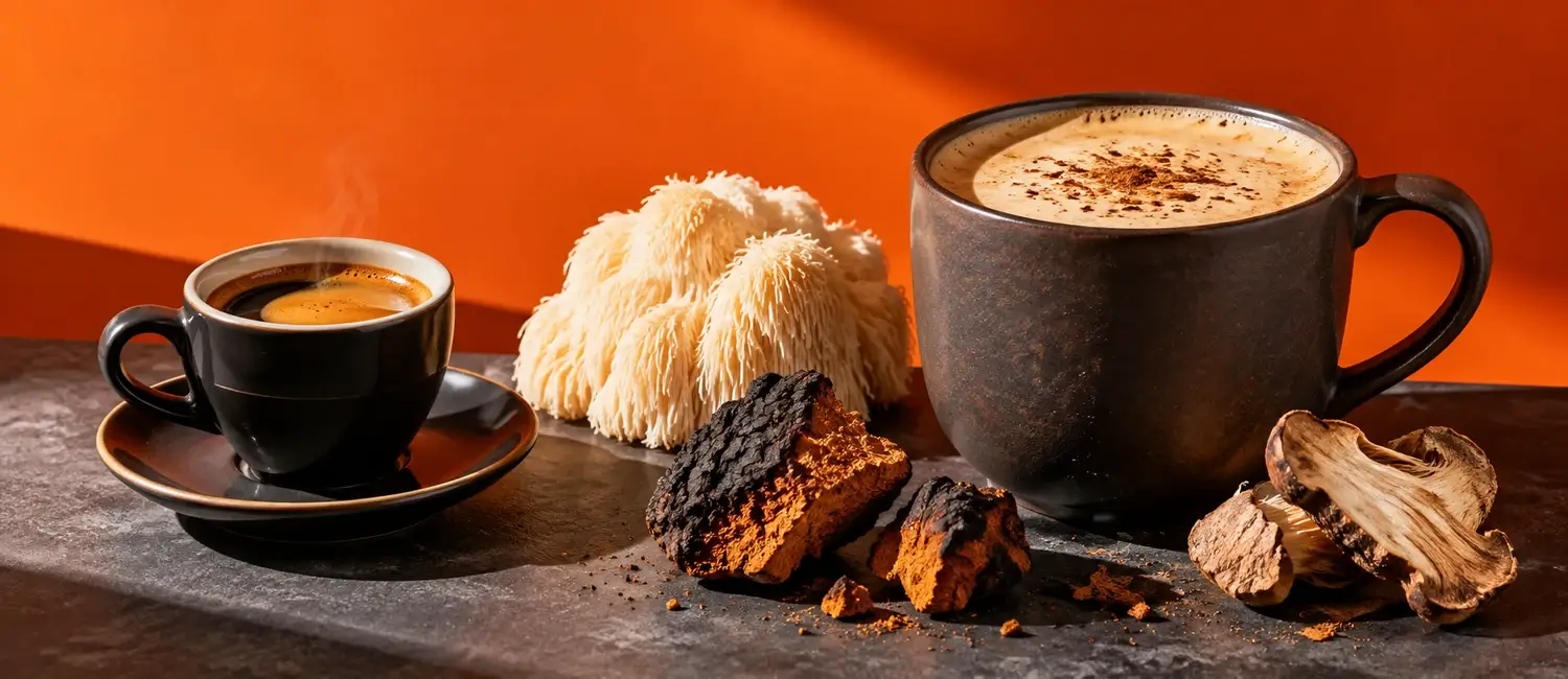 Šálek espressa a velký hrnek mushroom coffee vedle plodnic korálovce ježatého a kusů chagy na oranžovém pozadí