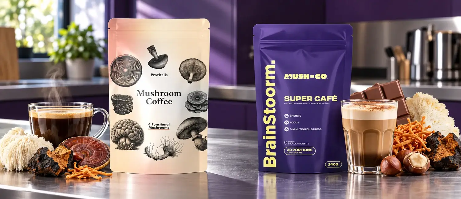Sáček Provitalis Mushroom Coffee a sáček Brainstoorm od Mush N Go vedle šálku espressa, sklenice latte a plodnic hub