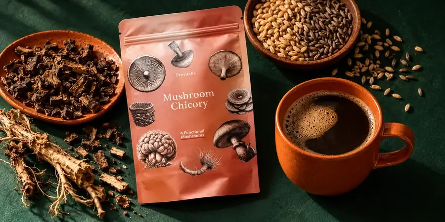 Sáček Provitalis Mushroom Chicory vedle praženého kořene čekanky, kořenů pampelišky, zrn ječmene a hrnku tmavého nápoje na tmavě zeleném pozadí