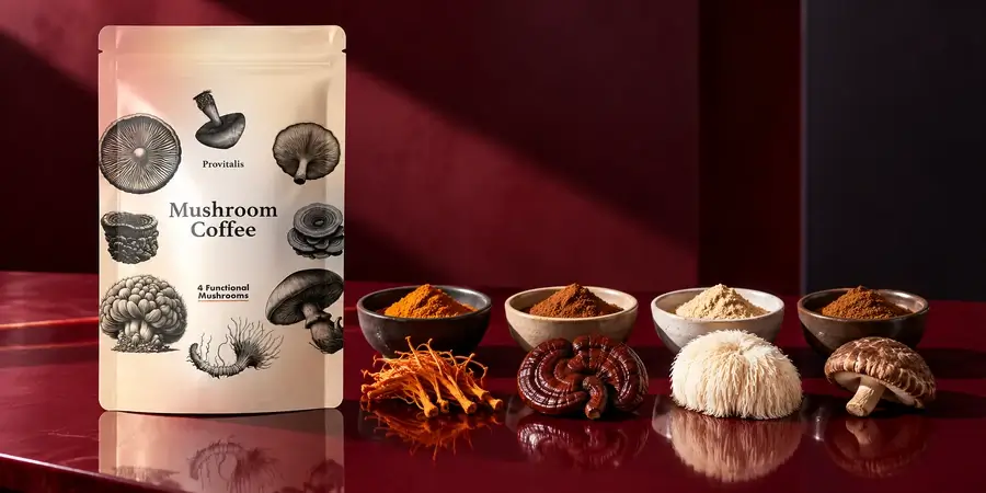 Sáček Provitalis Mushroom Coffee vedle čtyř misek s práškem a plodnic cordycepsu, lesklokorky, korálovce ježatého a shiitake na bordó pozadí