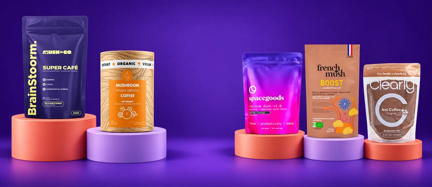 Brainstoorm, Go Sharp, Spacegoods Rainbow Dust, French Mush Boost a Clearly Not Coffee na stupních vítězů na fialovém pozadí